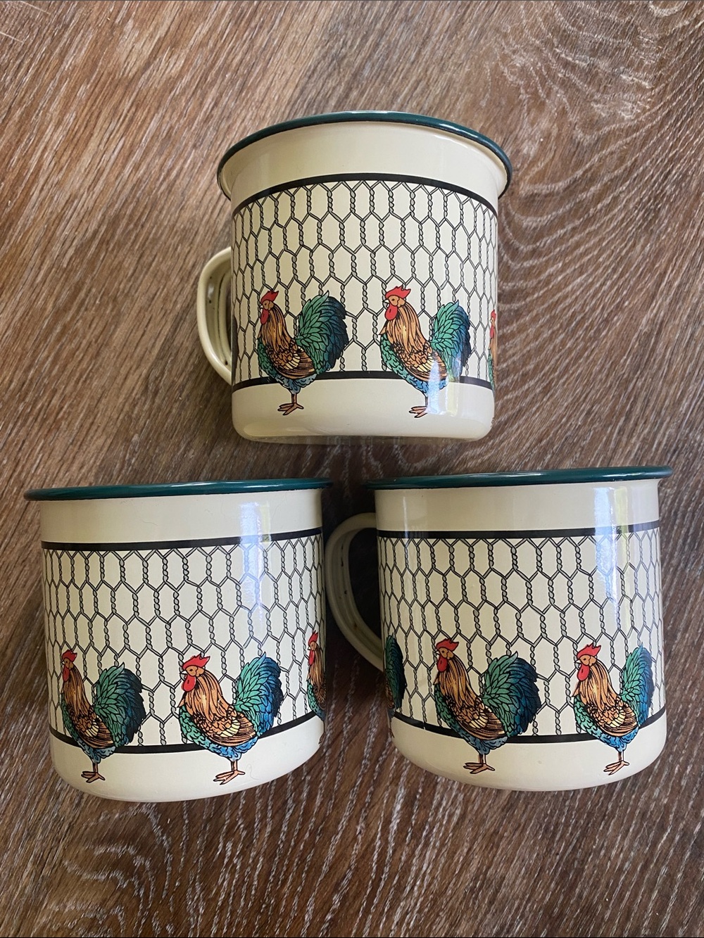 Cracker Barrel Cream Rooster Enamel Mugs with Teal Trim - Set of 3